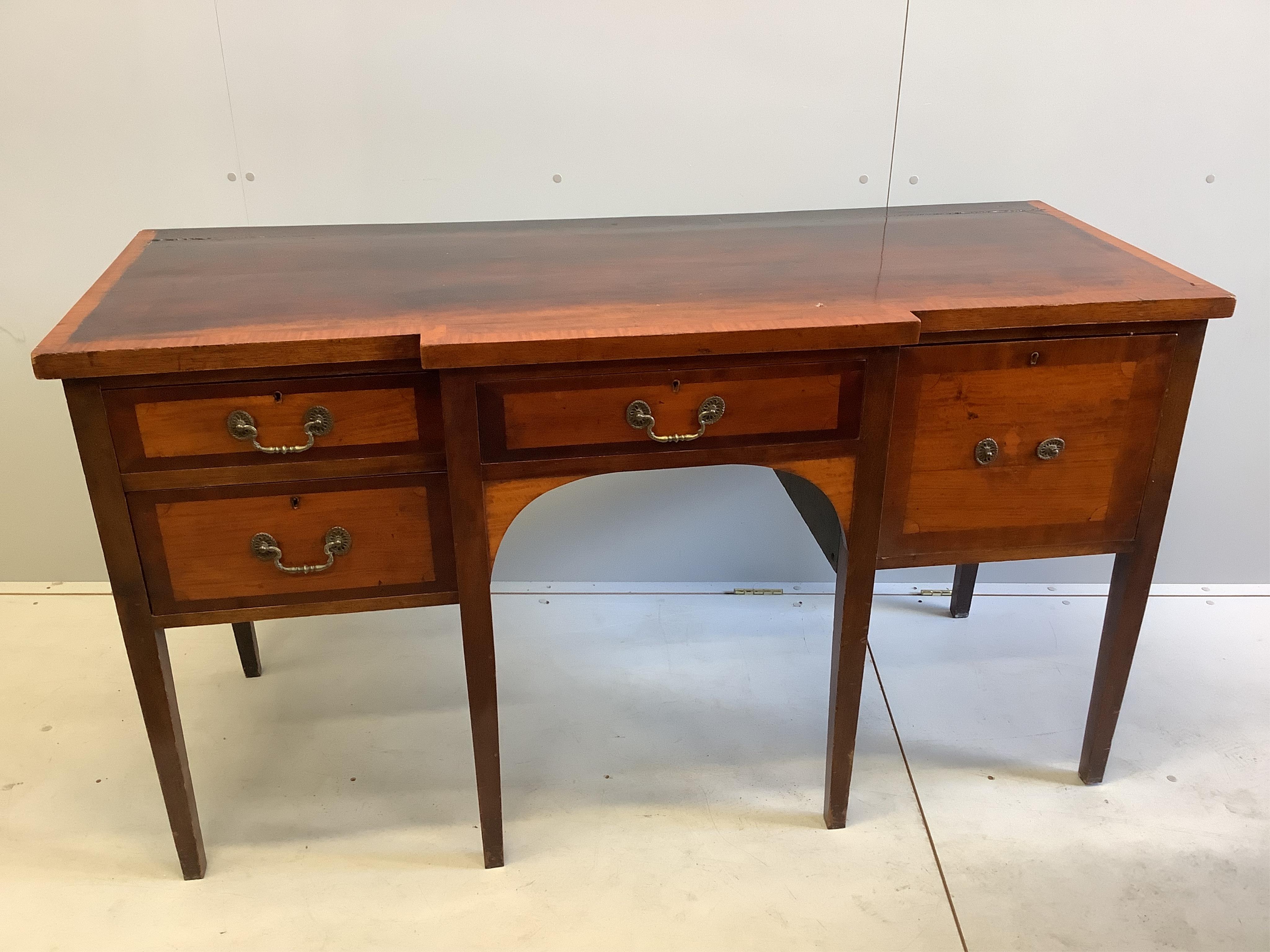 A George III and later satinwood banded mahogany breakfront sideboard, width 155cm, depth 63cm, height 87cm. Condition - poor